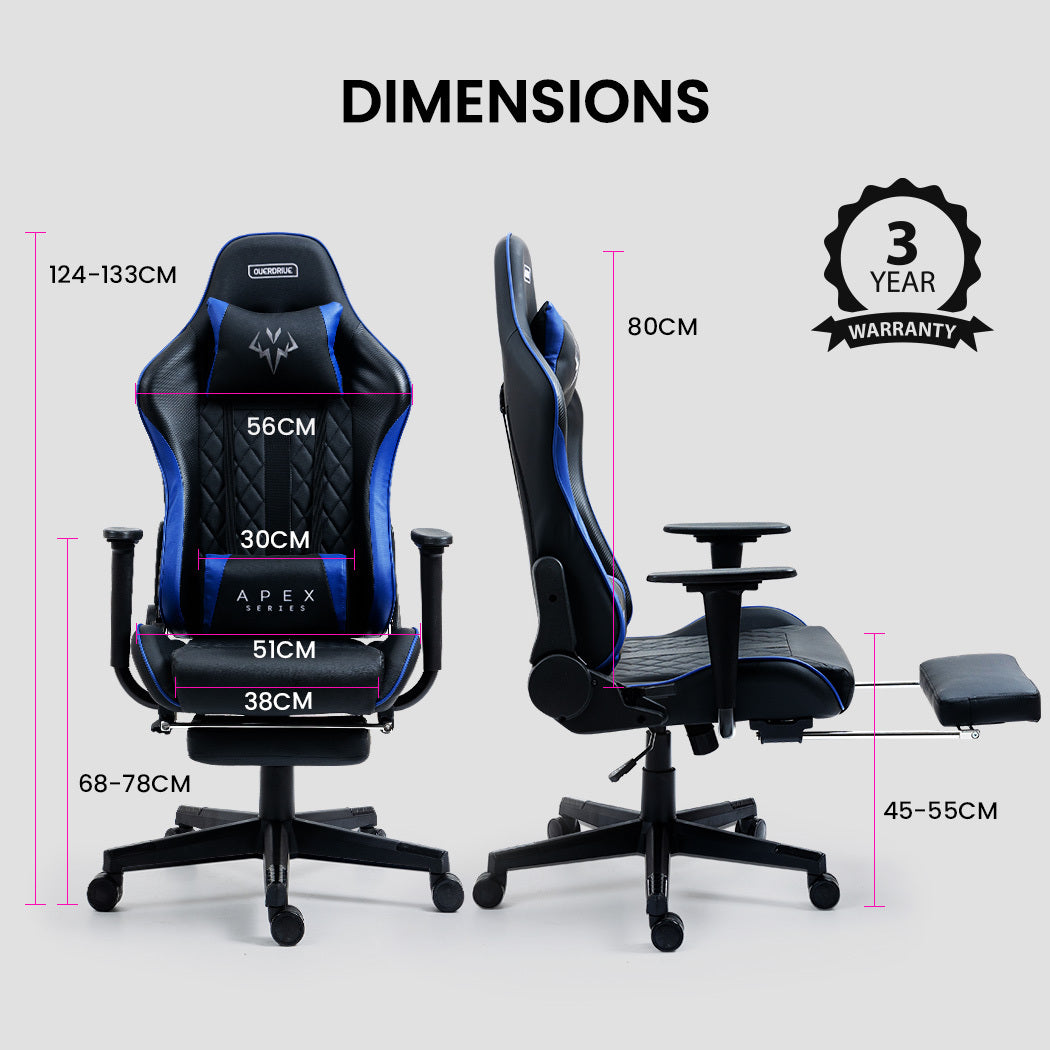 OVERDRIVE Apex Series Reclining Gaming Ergonomic Office Chair with Footrest, Black and Blue